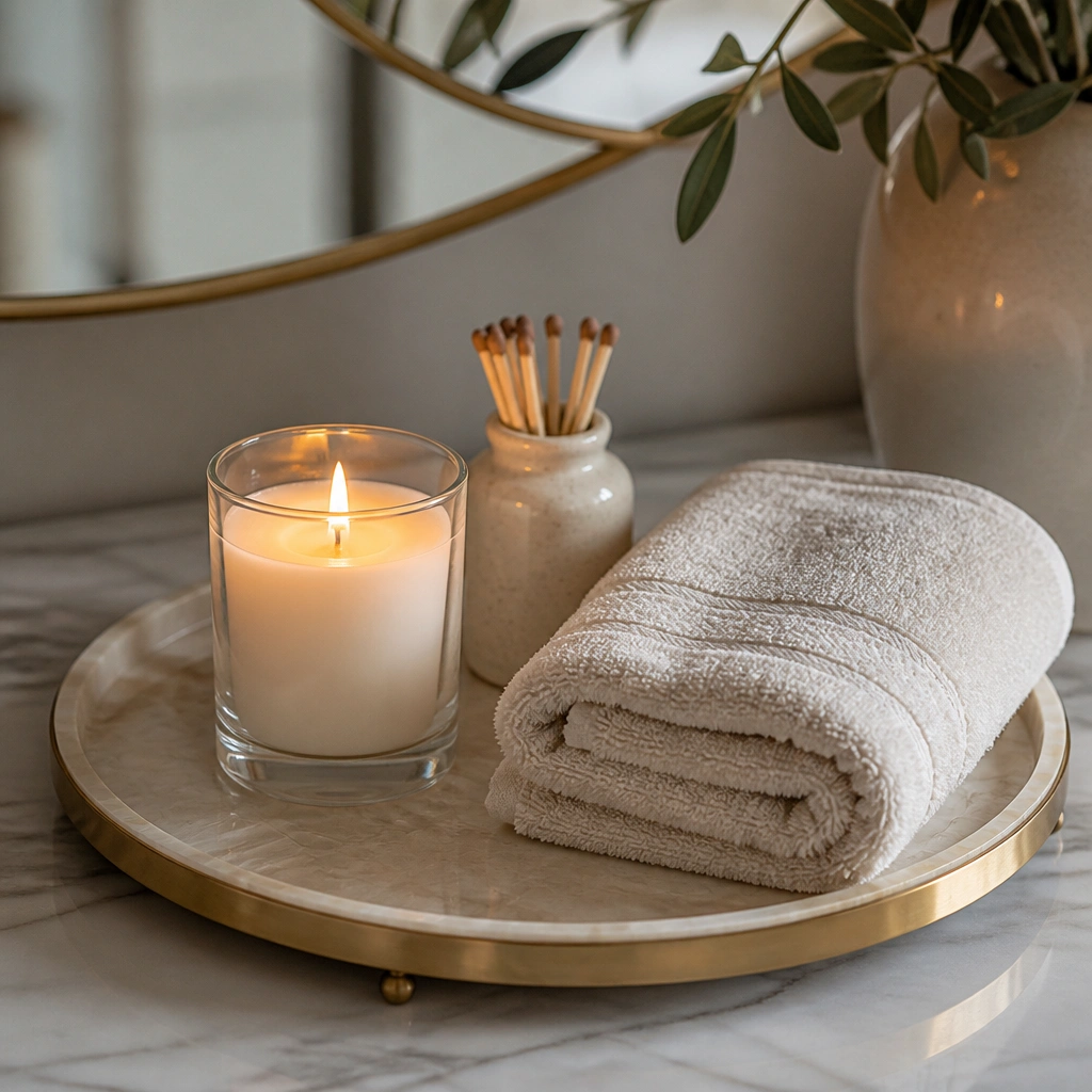 A small glass candle on a vanity tray with a warm amber flame glow; beside it is a ceramic match holder and a neatly folded hand towel.