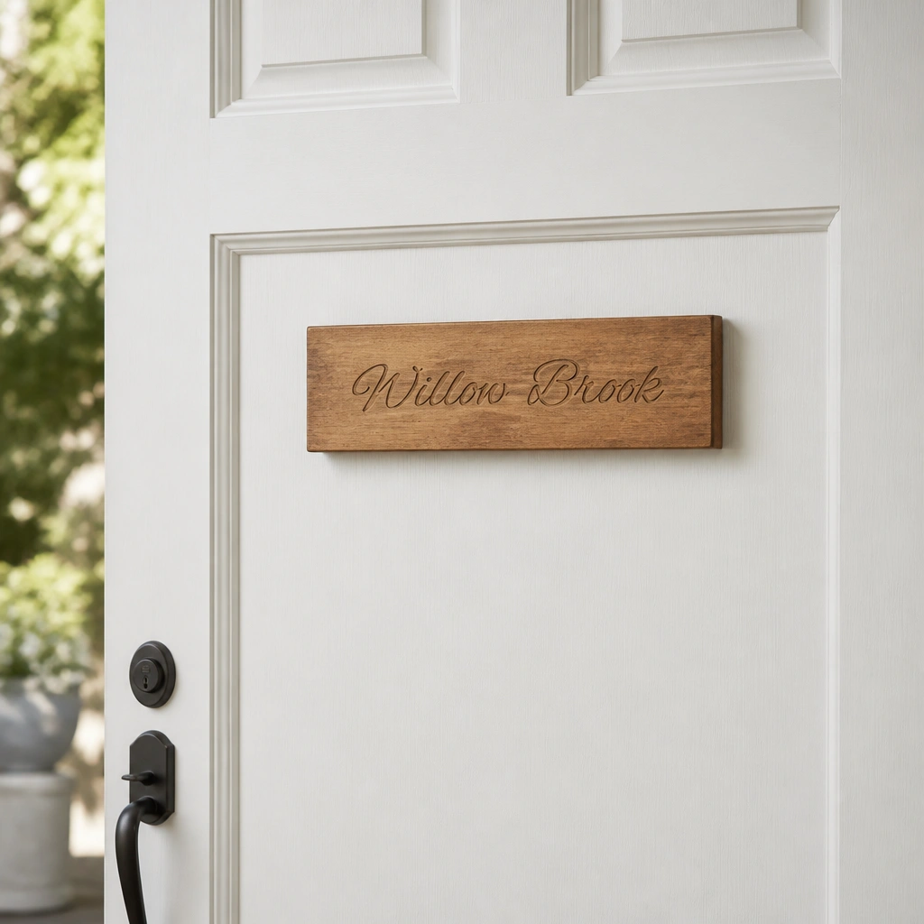 A rectangular burnt-honey wooden name plate with a cursive script name engraved and lightly stained, mounted on a white front door near the center at eye level.