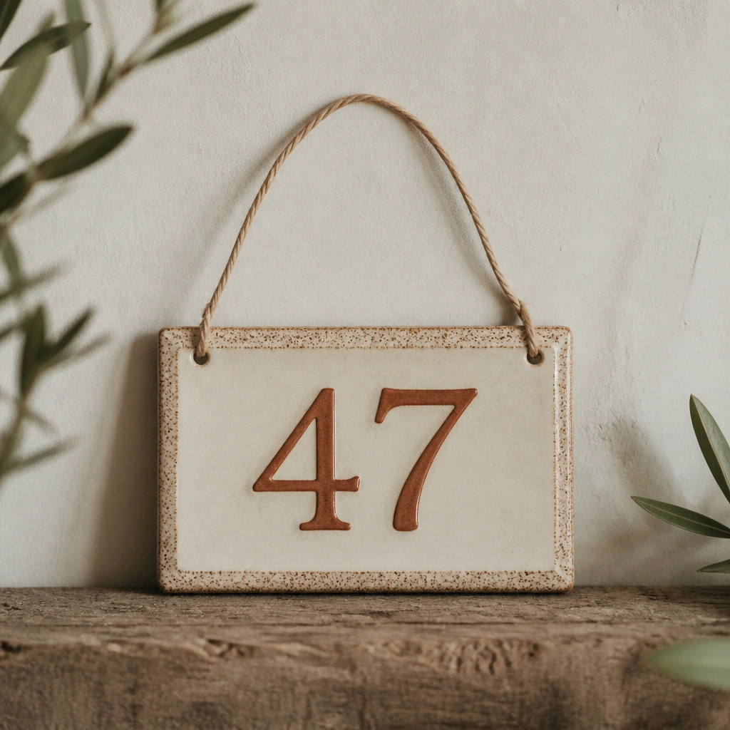 A small cream ceramic tile name plate with a speckled glaze border, the house number style font in warm terracotta, and a thin hanging cord.