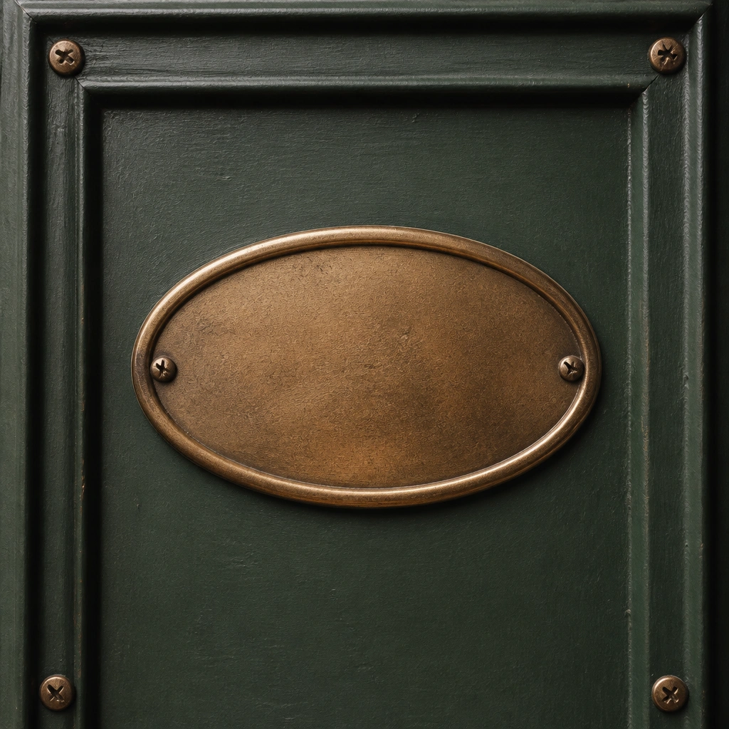 An aged brass oval name plate with raised letters in a serif font, mounted on a dark green door, with a small matching screw set at each corner.