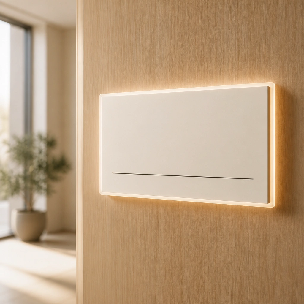 A warm white acrylic name plate with dark lettering, mounted on a light wood wall, with a subtle glow-like back-painted border.