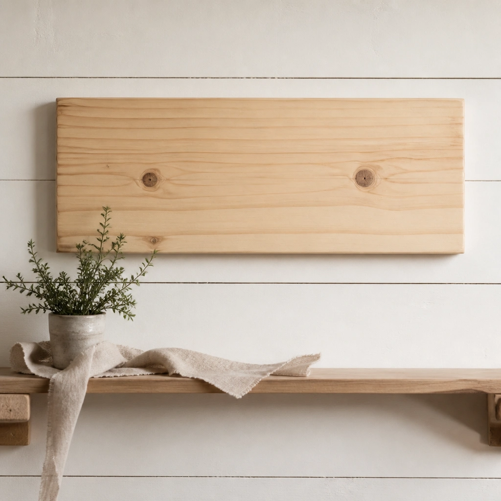 A natural pine name plate with a simple block font, mounted on a shiplap wall with a small shelf underneath, styled with a tiny plant and a linen ribbon.