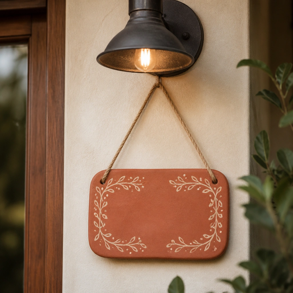 A terracotta hanging name plate shaped like a rounded rectangle, with hand-painted cream letters and a loop of jute twine, suspended under a porch light.