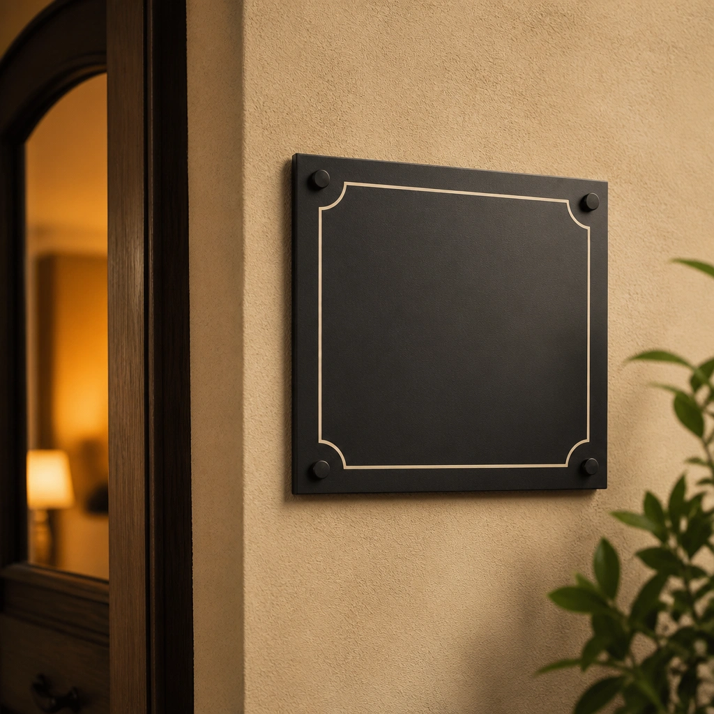 A matte black metal name plate with ecru lettering in a modern serif font, mounted on a beige wall by a doorway with warm-toned lighting.