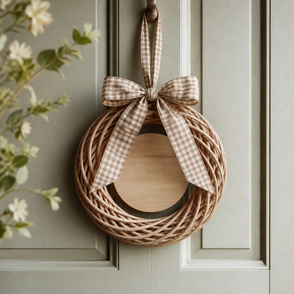 A small round woven wreath made of natural rattan with a centered wooden name plate, hung on a door with a gingham ribbon bow.