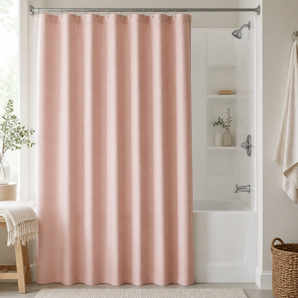 A blush pink shower curtain with a soft matte finish, paired with a white tub surround and a simple chrome rod. The curtain has subtle woven texture and hangs in gentle folds.