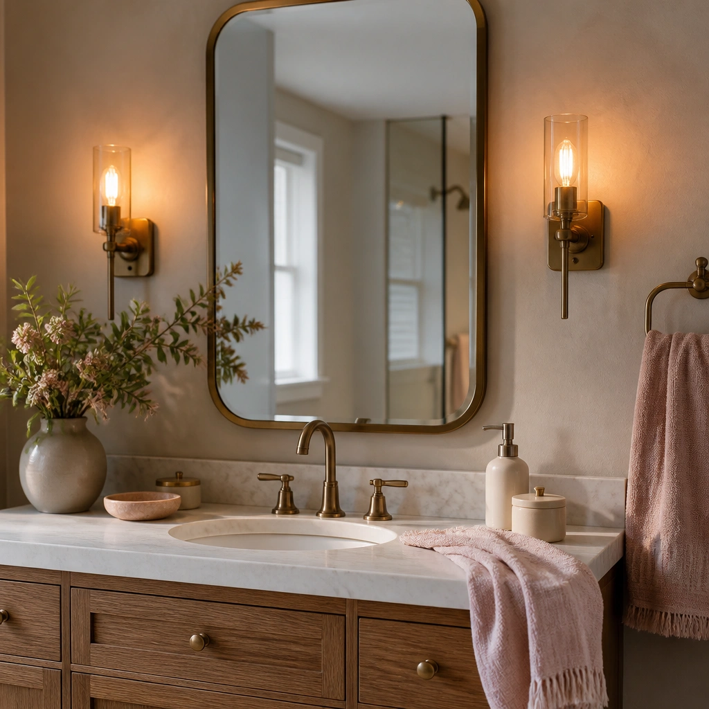 A bathroom vanity with a mirror and two wall sconces. The bulbs glow warm amber, casting soft light on a blush-pink towel and cream countertop items.