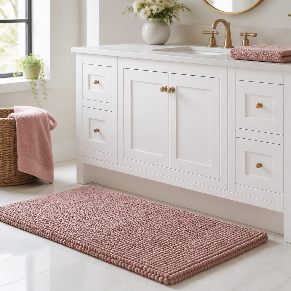 A dusty rose boucle bath mat with thick, looped fibers. It sits in front of a white vanity with a matching blush hand towel folded neatly on the counter.