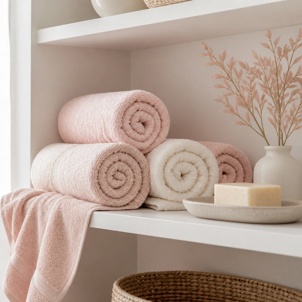 A set of rolled towels in blush pink and cream on a white open shelf. A small ceramic tray holds a bar of soap, and a soft pink towel is draped over the edge.