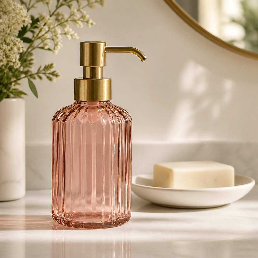 A rose-tinted glass soap dispenser with a brushed brass pump on a creamy countertop. Behind it sits a small white dish holding a bar soap.