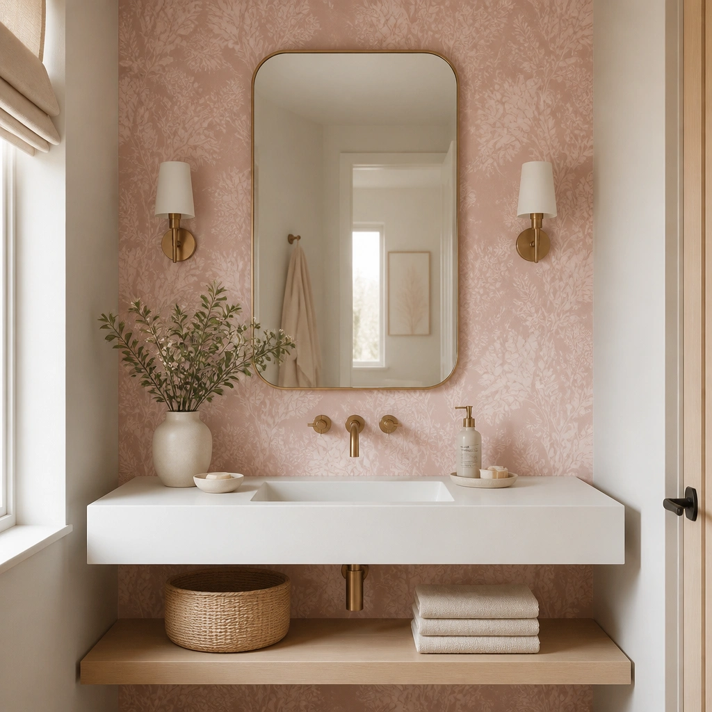 A vanity wall covered in blush pink removable wallpaper with a subtle botanical pattern. The sink is white with a light wood shelf below, and a mirror frames the accent wall.