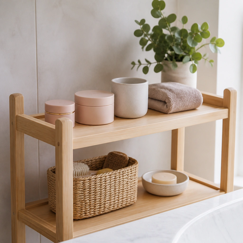 A light wood bathroom shelf with two tiers. Blush jars and a cream ceramic cup sit on top, with a folded hand towel and a small plant placed near the back.