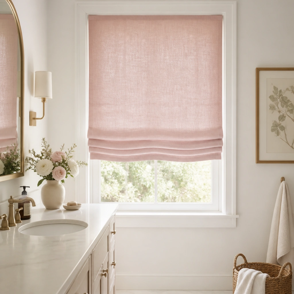 A soft rose linen Roman shade covering a bathroom window. The shade is partially raised, showing gentle folds, with a white wall and a light vanity below.