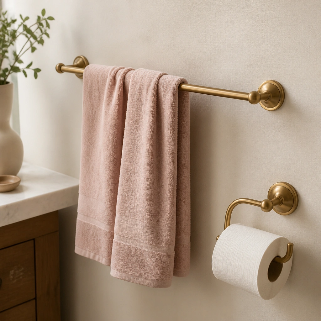 A brass towel bar and a matching brass toilet paper holder in a bathroom with blush towels and a cream wall. The hardware has a slightly brushed, vintage finish.