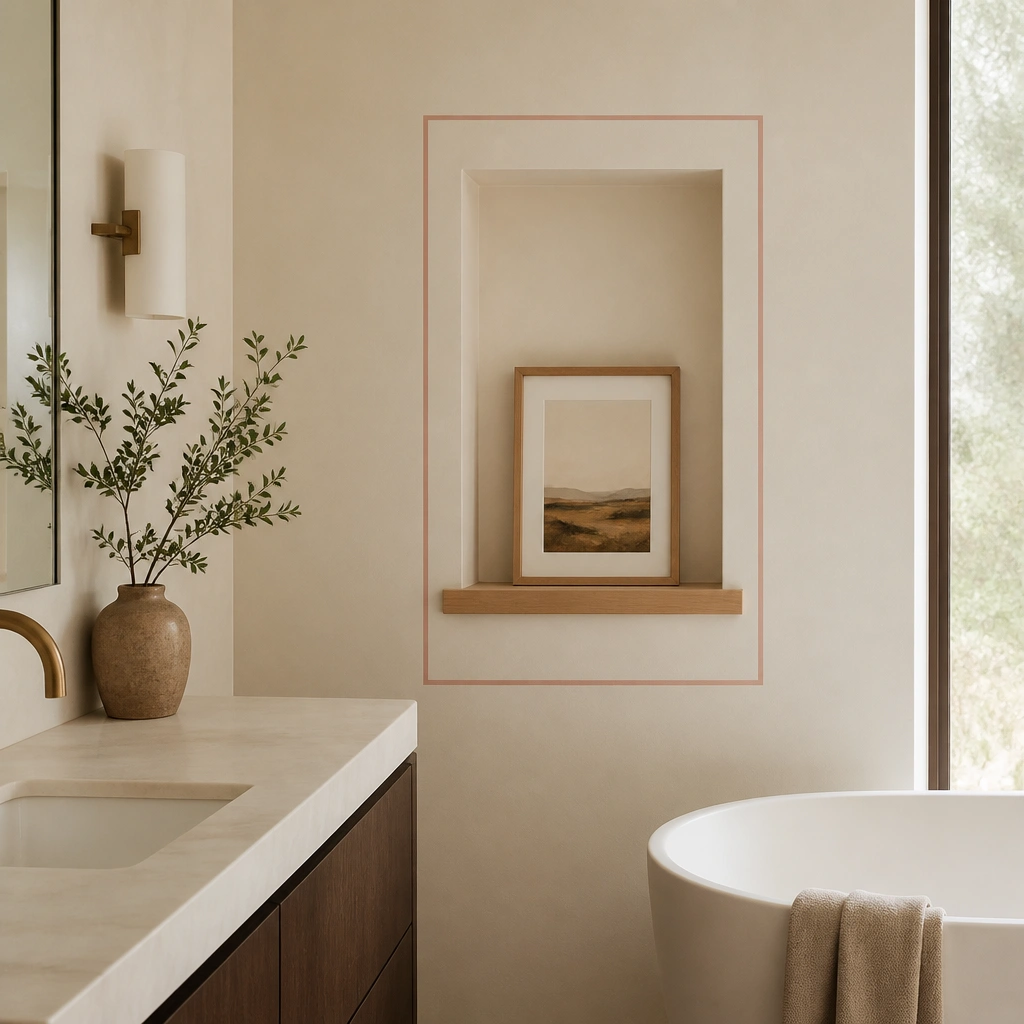 A bathroom with cream walls and a narrow blush-pink trim line around a recessed niche. The niche holds a small framed print and a light wood ledge.