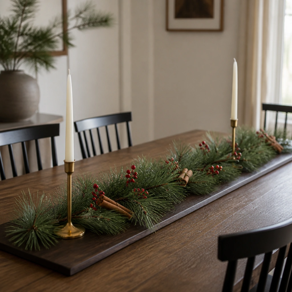 A dining table with a simple dark-wood runner. A strip of faux pine is laid down the center, dotted with cinnamon sticks and a few small red berry picks. Two unscented white taper candles sit at either end in gold holders.