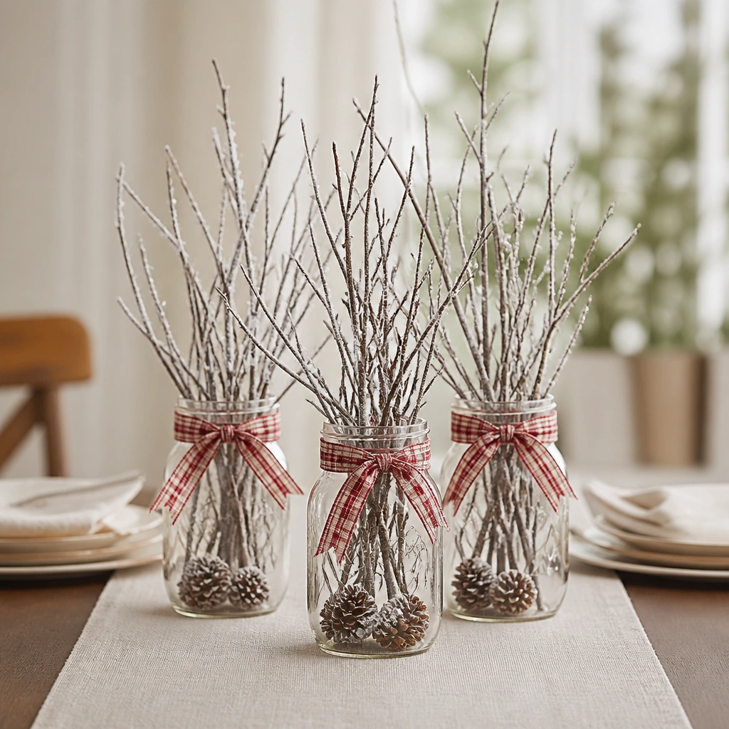 Three clear mason jars grouped down the middle of a table. Each jar holds a small bundle of twigs dusted with white craft “snow,” with a red-and-white plaid ribbon tied around the neck. A few mini pine cones peek out at the bottom.