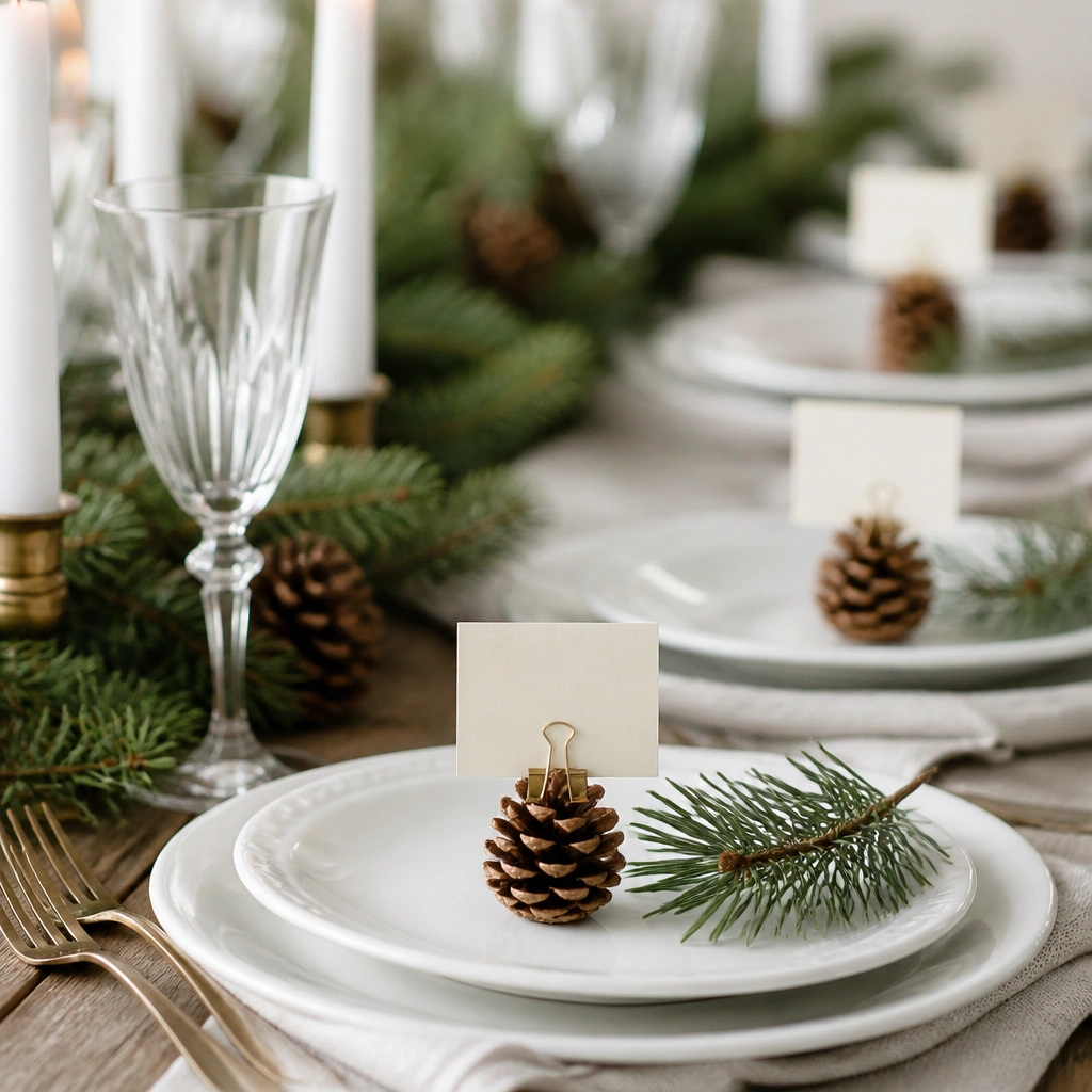 Small pine cones placed at each seat setting. Each pine cone has a tiny folded cardstock place card clipped to it with a mini binder clip. The cards are cream-colored with green ink handwriting.