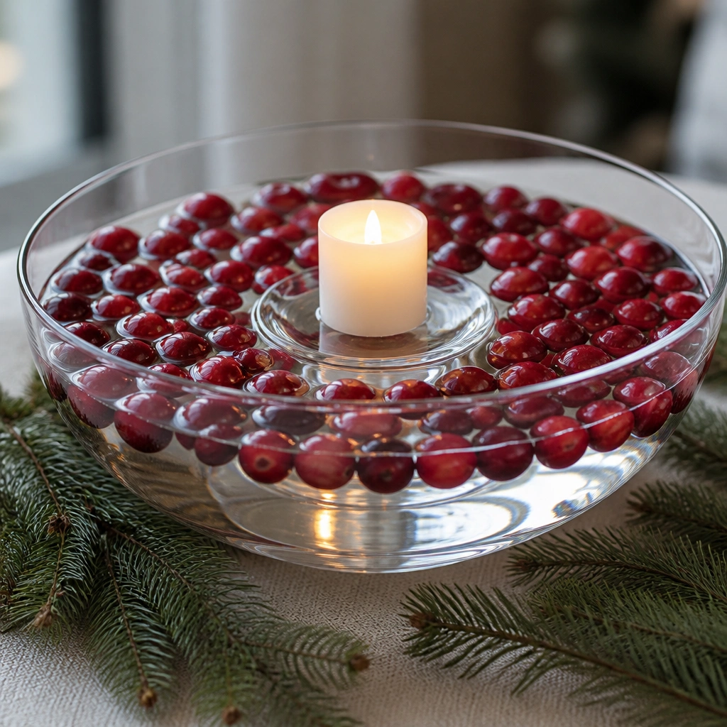 A wide glass serving bowl filled with clear water and floating red cranberries. A small LED pillar candle sits in the center on a glass riser, reflecting off the water. Surrounded by a few evergreen sprigs.