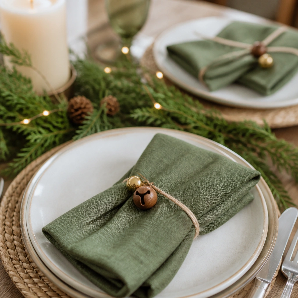 Folded napkins stacked with simple twine rings around them. Each ring has a tiny gold jingle bell and a small brown mini ornament attached like a “head.” The table is set with cream plates and green linen napkins.