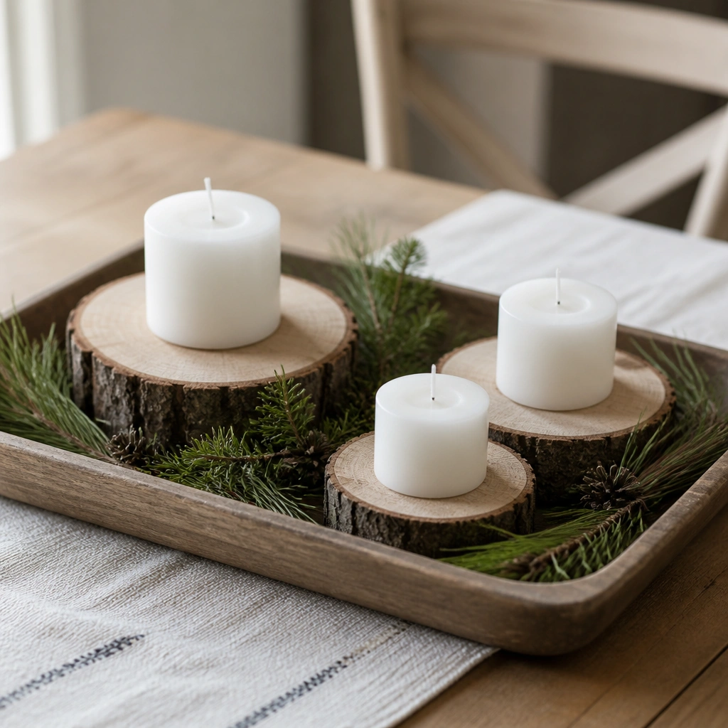 A rectangular tray holds three wood slices of different sizes. On top of each slice is a short white pillar candle. Between slices, there are scattered pine needles and a few small sprigs of green.