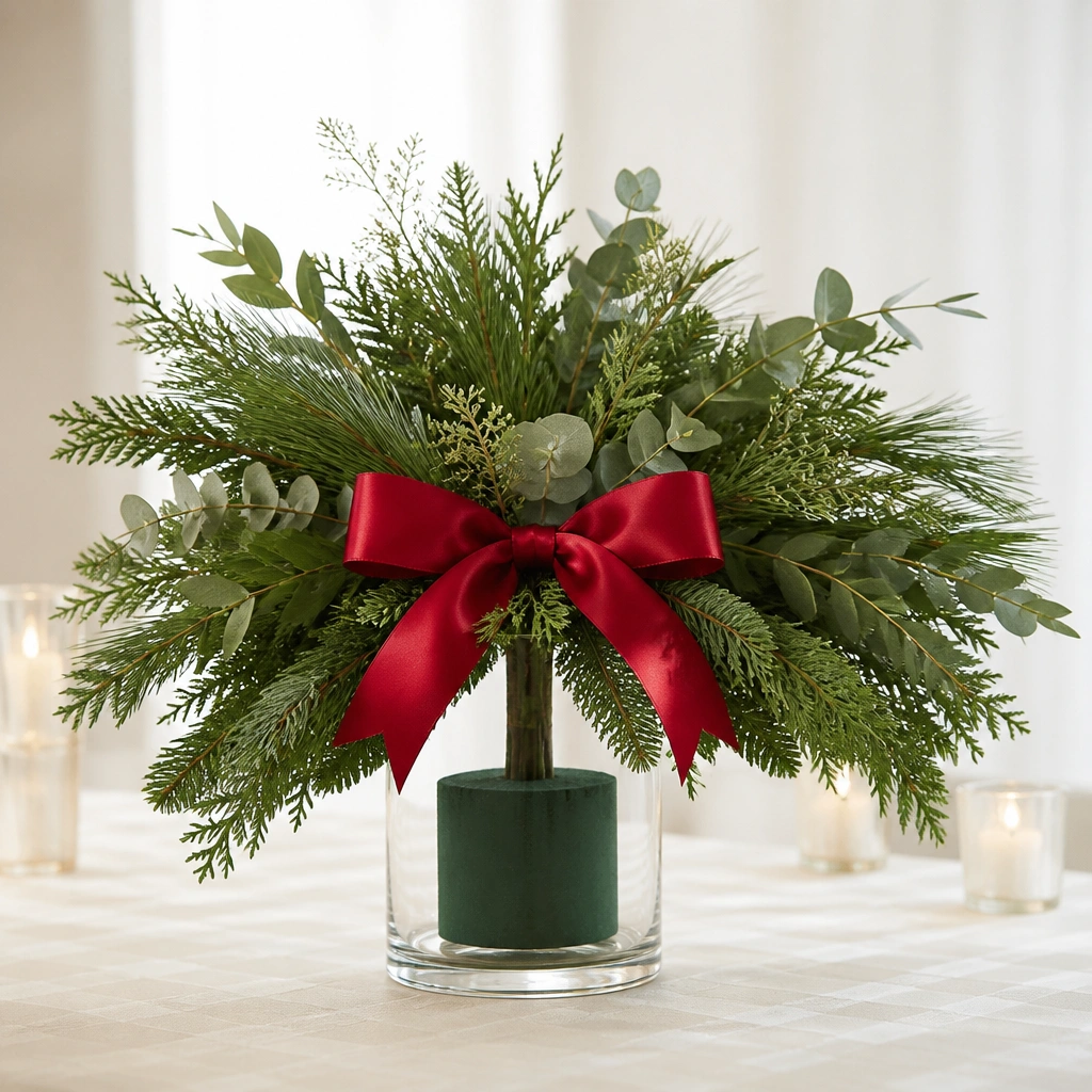 A simple glass vase centerpiece with a foam base. Thick faux greenery fans out from the top, and a red satin ribbon bow is tied around a central stem. The ribbon tails drape down slightly onto the greenery.