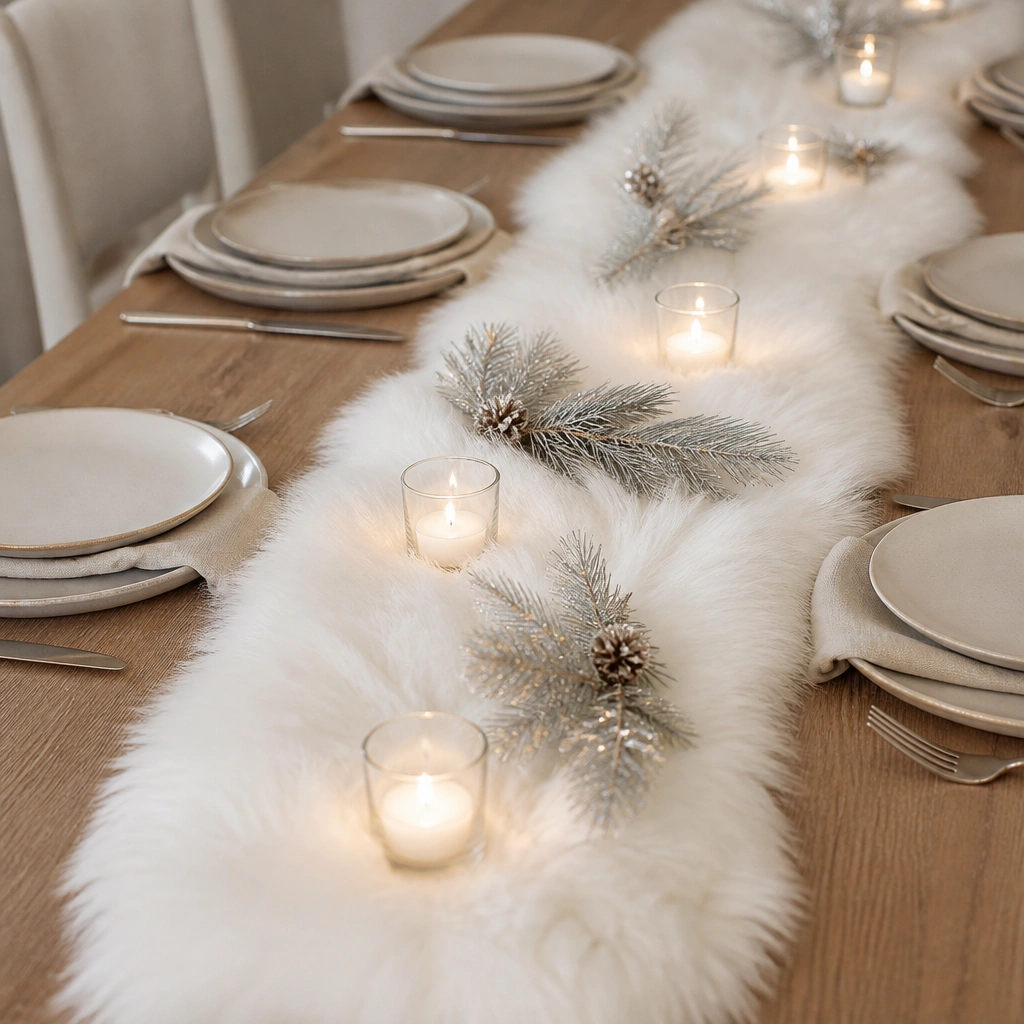 A runner of white faux fur across the center of the table. Small votive candles in clear glass cups are spaced along the fur, with a few scattered silver pine picks. The plates around it are neutral beige.