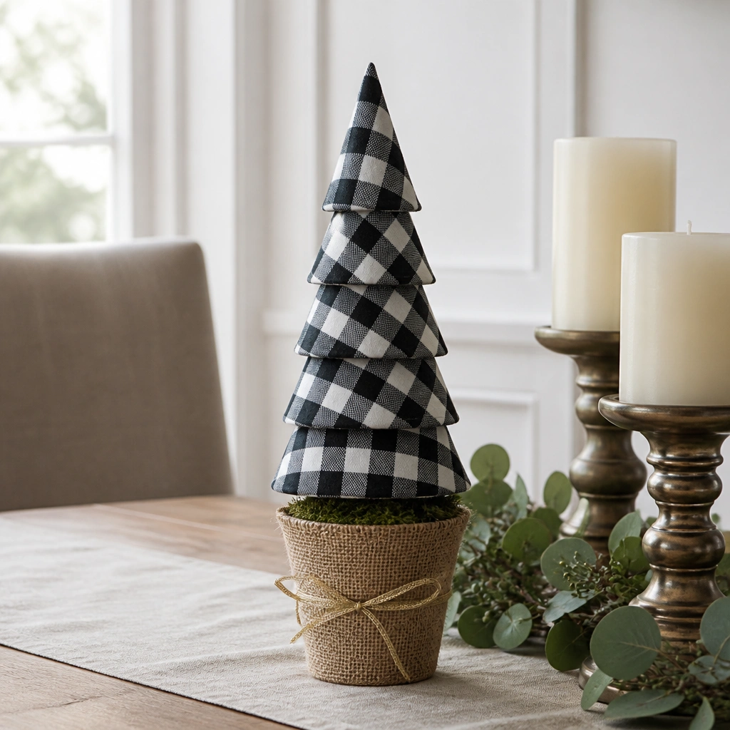 A small potted “tree” made from stacked craft cones covered in black-and-white plaid paper. The pot is wrapped with burlap and a thin gold ribbon. The tree sits at the end of a dining table near two candle holders.