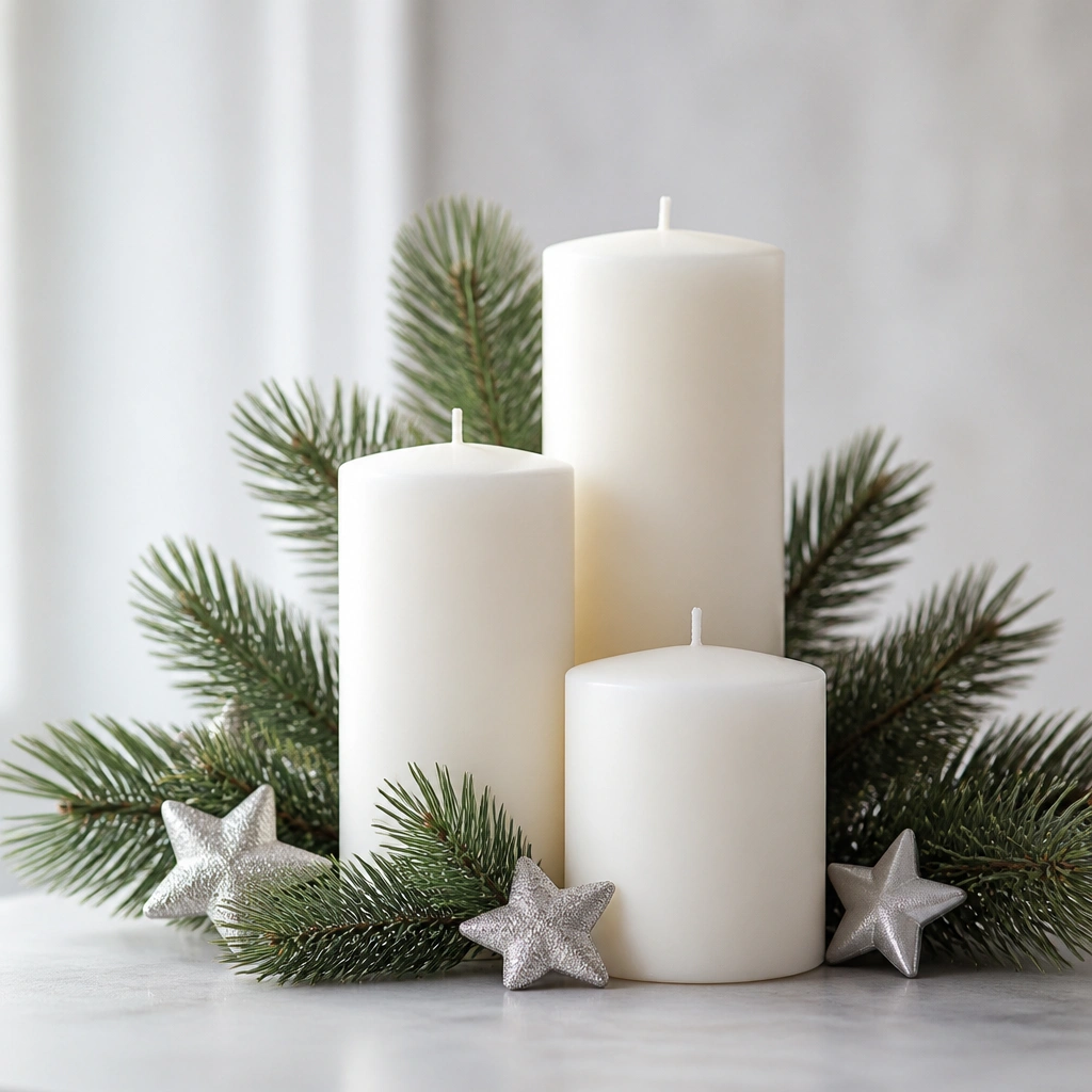 Three varying-height white pillar candles grouped together. Faux pine branches are tucked behind and between them. Small star-shaped ornaments in silver are placed like accents near the base.