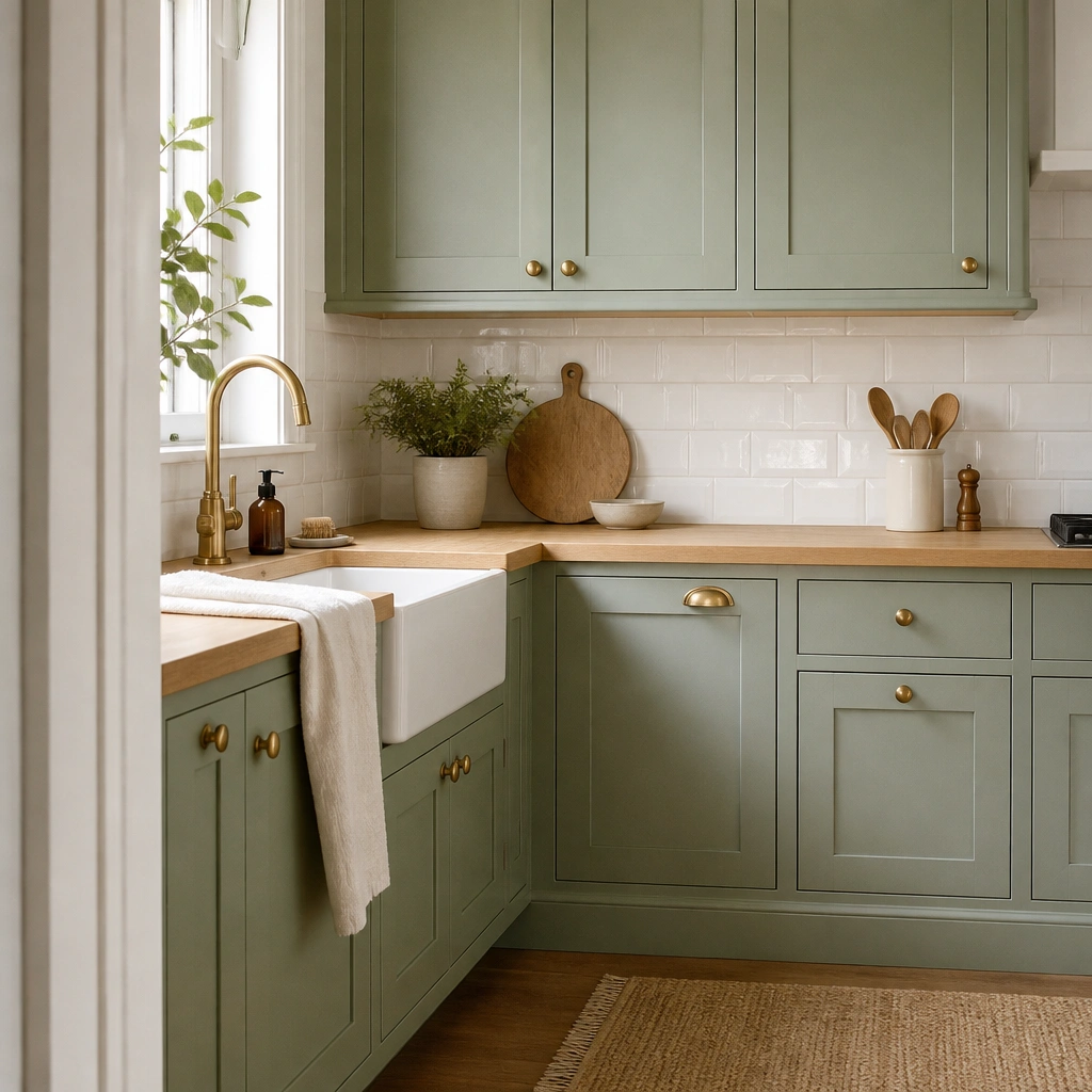 A kitchen corner with pale sage green cabinet doors, warm white trim around the frame, and a light wood countertop. A brass faucet and simple white subway tile backsplash sit behind the cabinets.