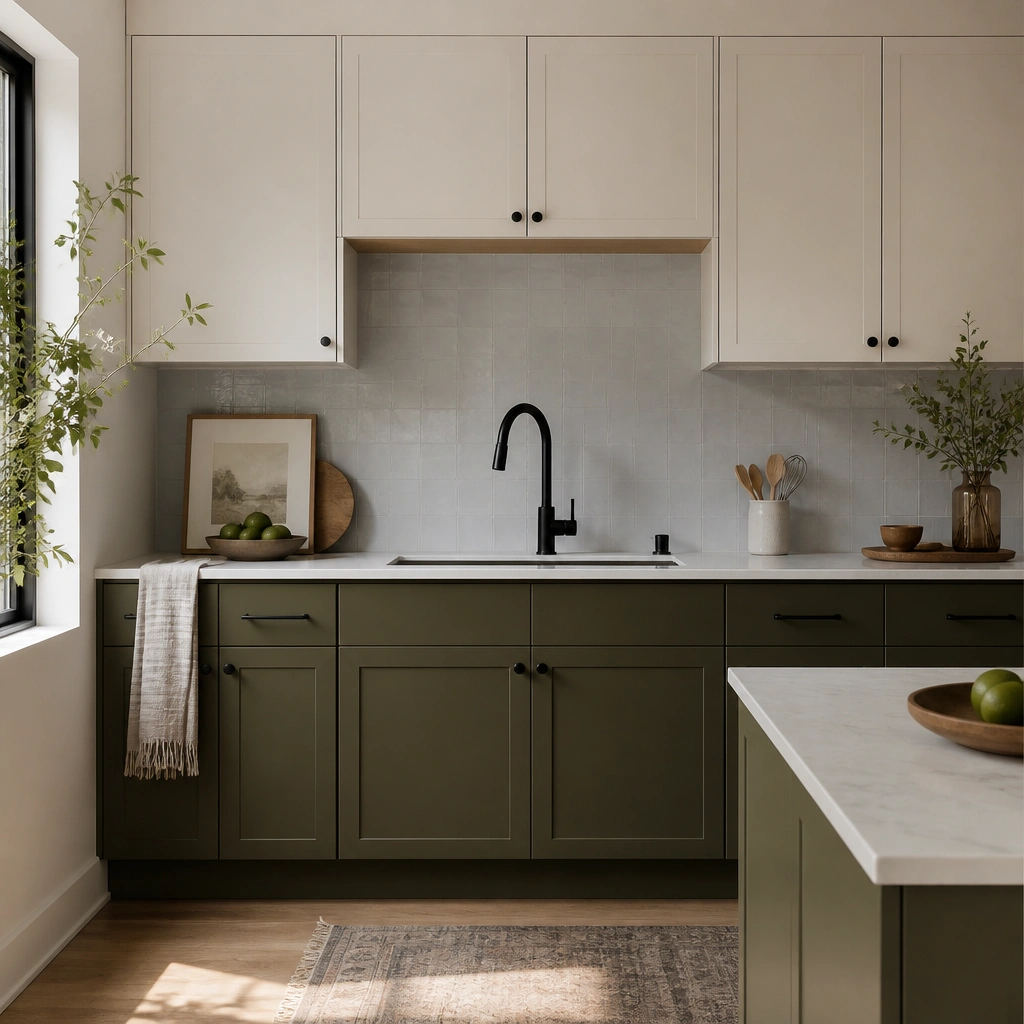 A kitchen with olive green lower cabinets and plain neutral upper cabinets (off-white). The sink is centered under the olive doors, with black hardware and a light gray backsplash.