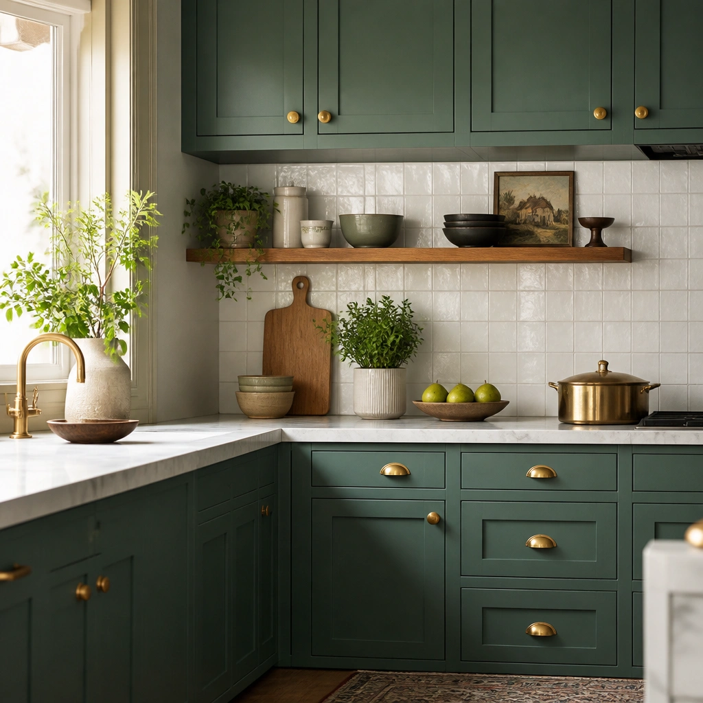 Green kitchen cabinets with a slightly teal-leaning shade, paired with shiny brass knobs and pulls. A white backsplash and a warm wood shelf add contrast.