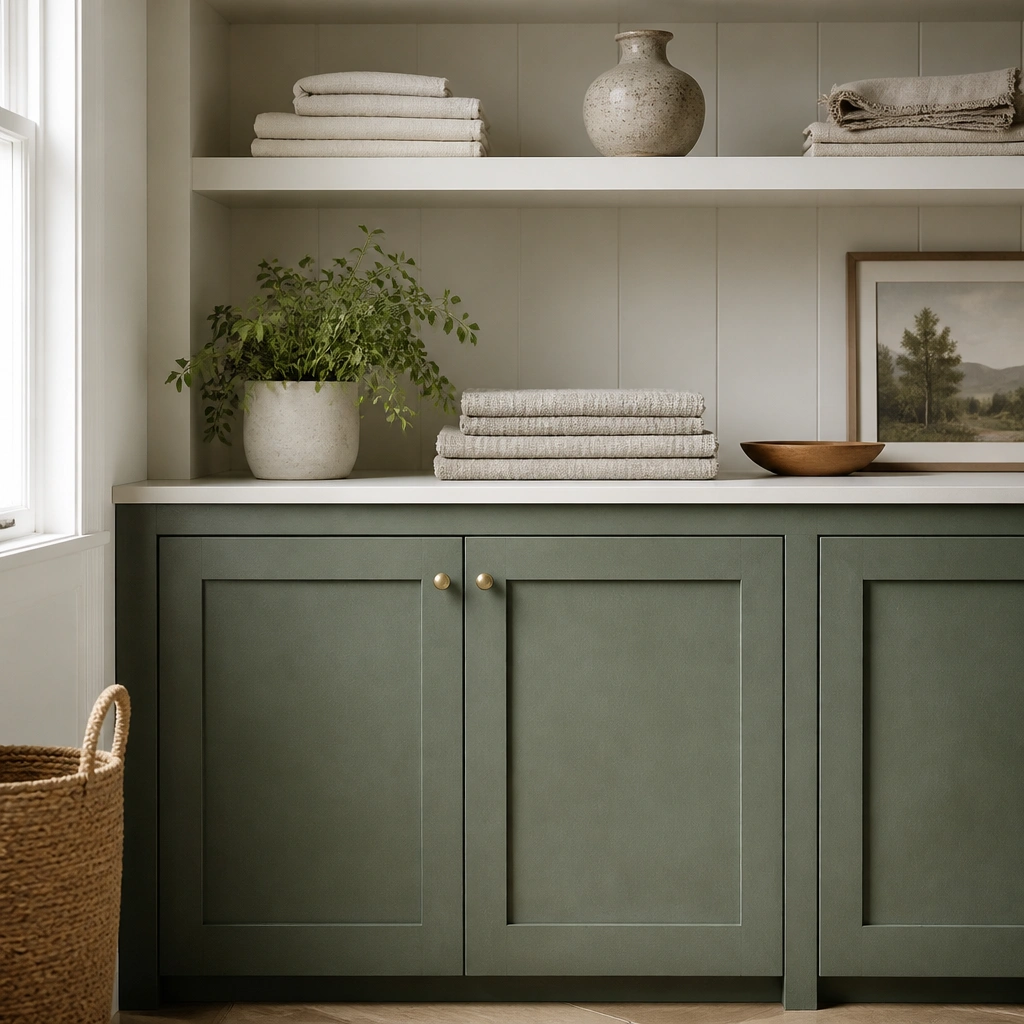 Cabinet doors finished in a matte, chalky green with visible soft texture. White open shelves above show folded linens and a ceramic vase.
