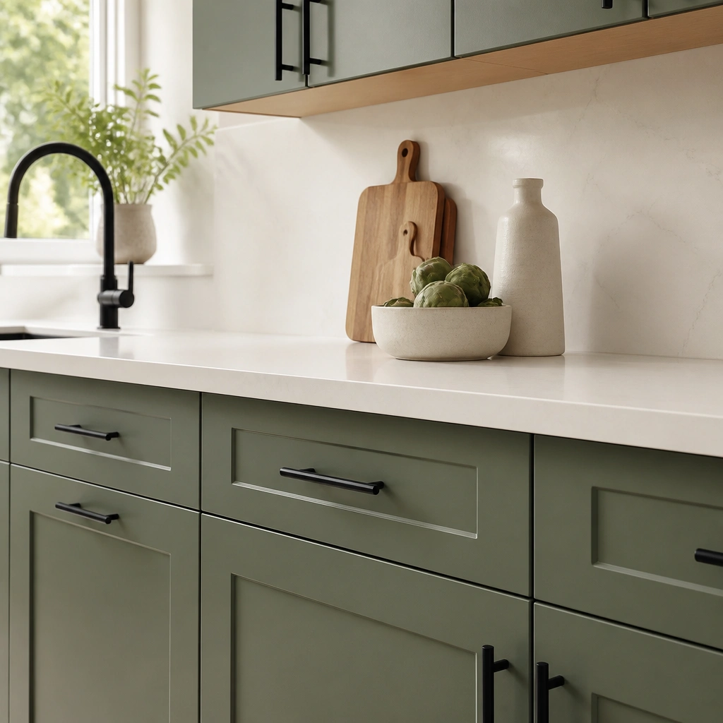 Satin-finished green cabinet doors with a gentle sheen, paired with a white quartz-look countertop. Black bar pulls and a clean, minimal backsplash line the background.