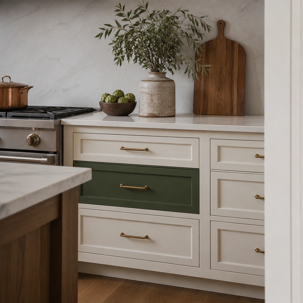 A kitchen with mostly neutral cabinets, but one drawer front is painted a deep green. The rest of the cabinetry remains light cream, and the accent drawer has a matching pull.