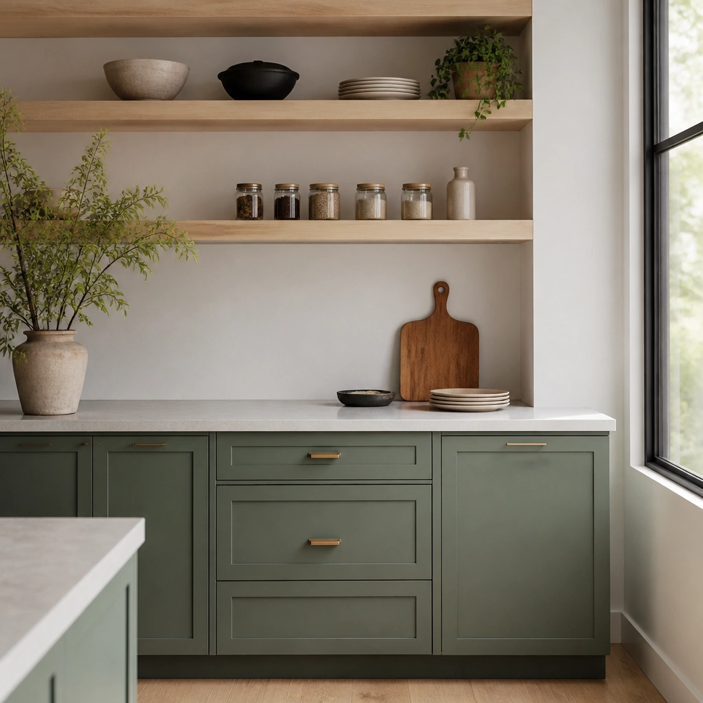Green cabinet bases with open shelving above in white and light wood. Small jars, a cutting board, and a few stacked plates are displayed.