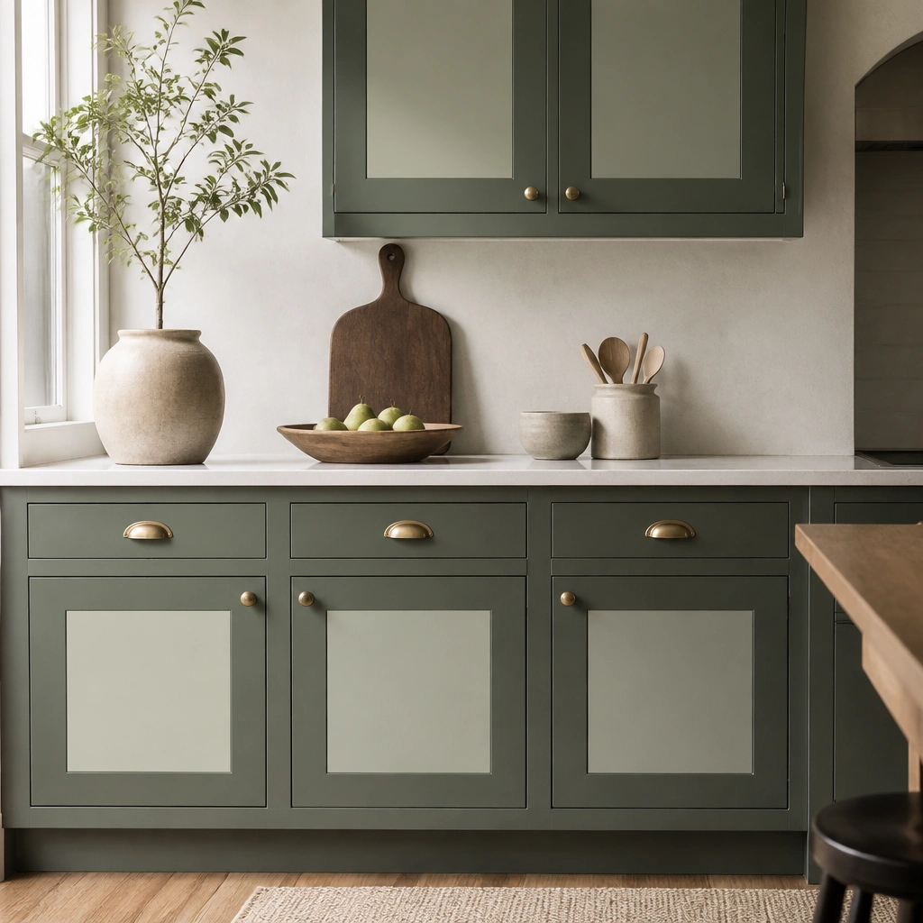 Cabinet doors where the center panel is painted a different green shade or left lighter, creating a color-block effect. The frames look crisp with sharp tape lines.