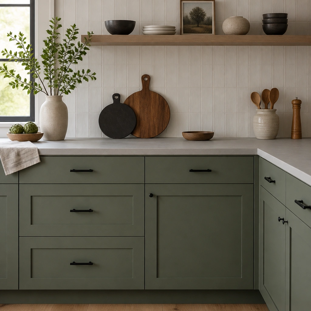 Green cabinet doors paired with matte black knobs and pulls. The countertop looks matte and light gray, with a simple backsplash in off-white tiles.