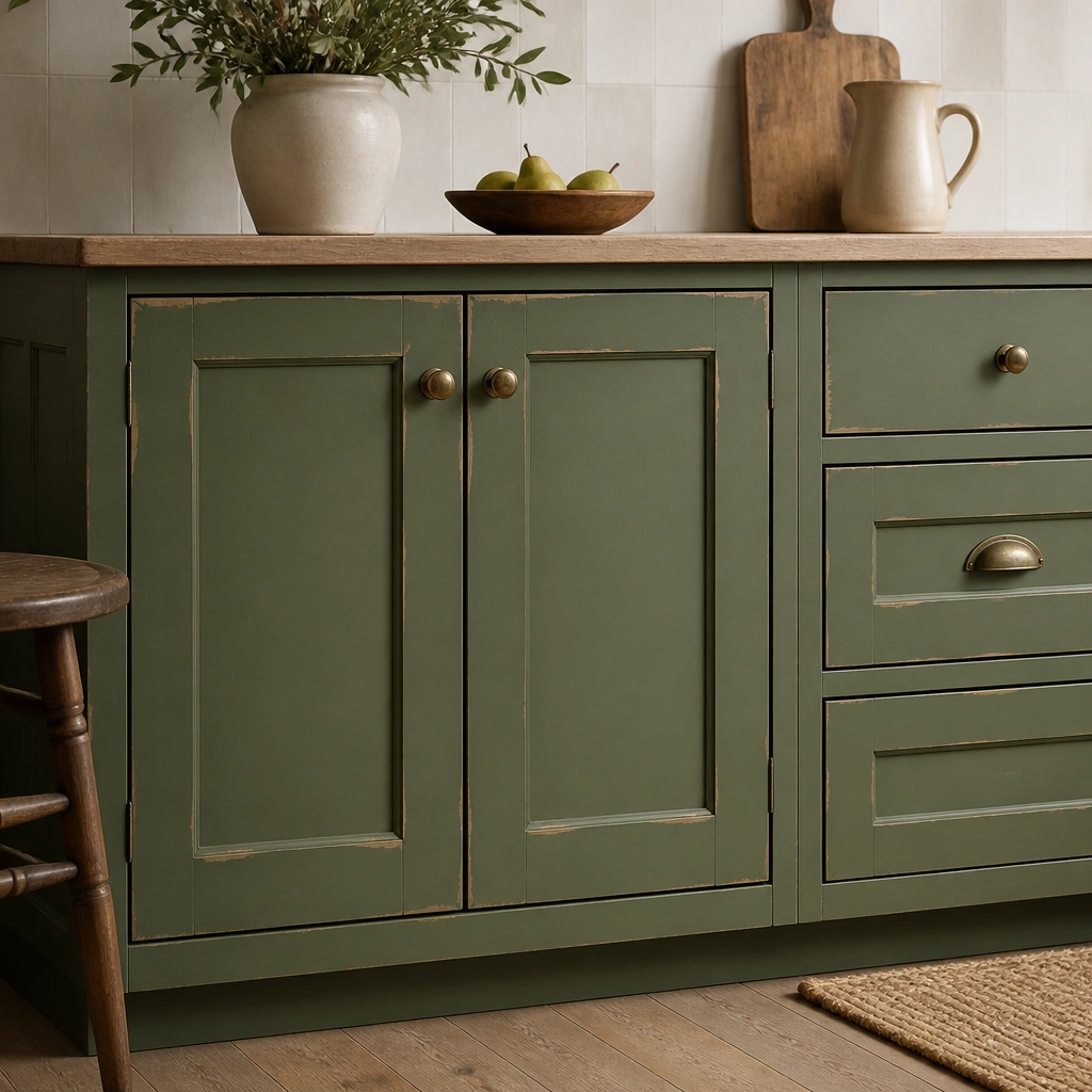Green cabinet doors with lightly distressed edges near corners and around panel details. The finish is mostly even, but wear spots look natural and subtle.