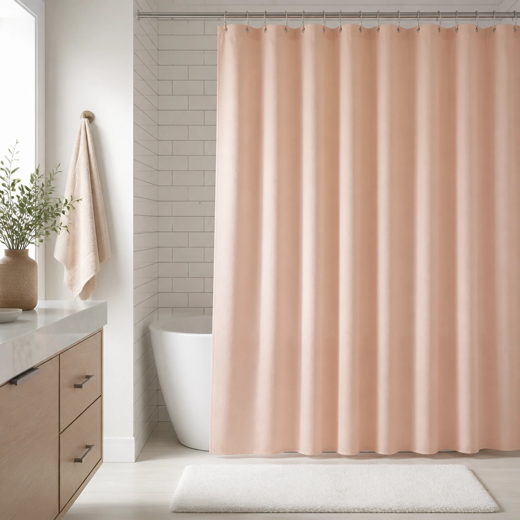A bathroom shower with a soft peach-pink shower curtain hanging straight, bright white subway tiles behind it, and a white bath mat on light flooring.
