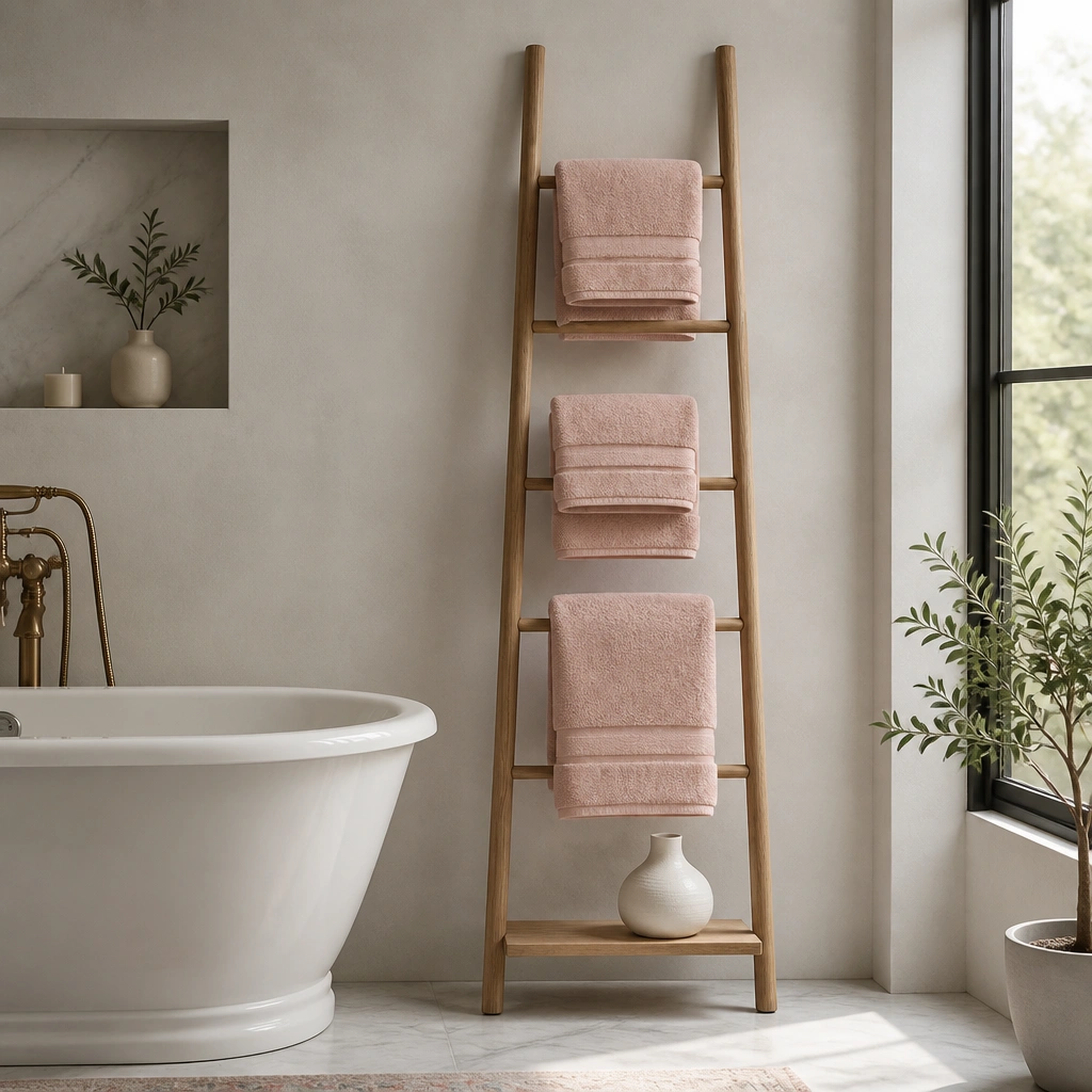A slim wooden ladder leaning against a bathroom wall with neatly folded blush towels on each rung; a small white vase sits on the lower rung.