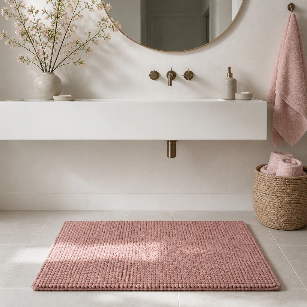 A dusty pink bath mat with visible texture (looped or braided fibers) placed in front of a white sink and mirror.