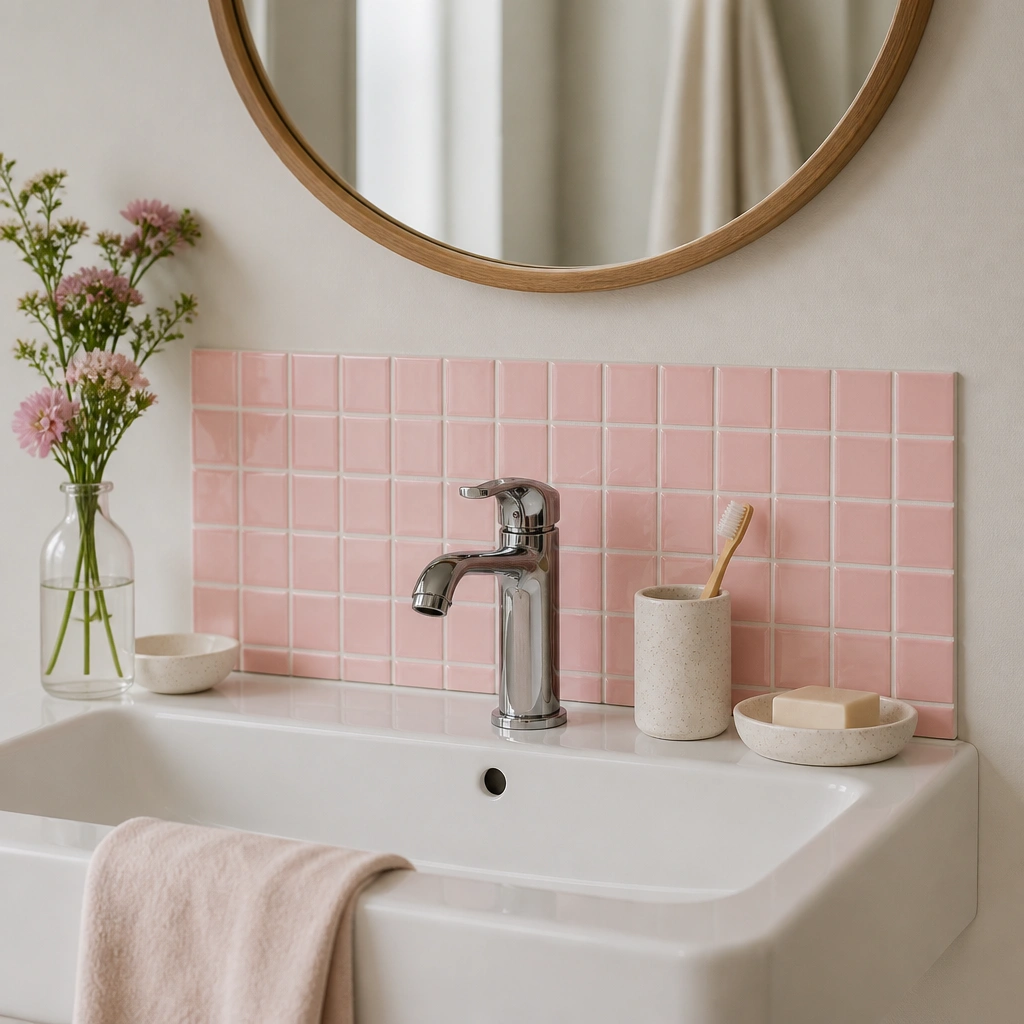 A small backsplash area behind a white bathroom sink covered with peel-and-stick pink tiles in a neat grid; the rest of the wall stays neutral.