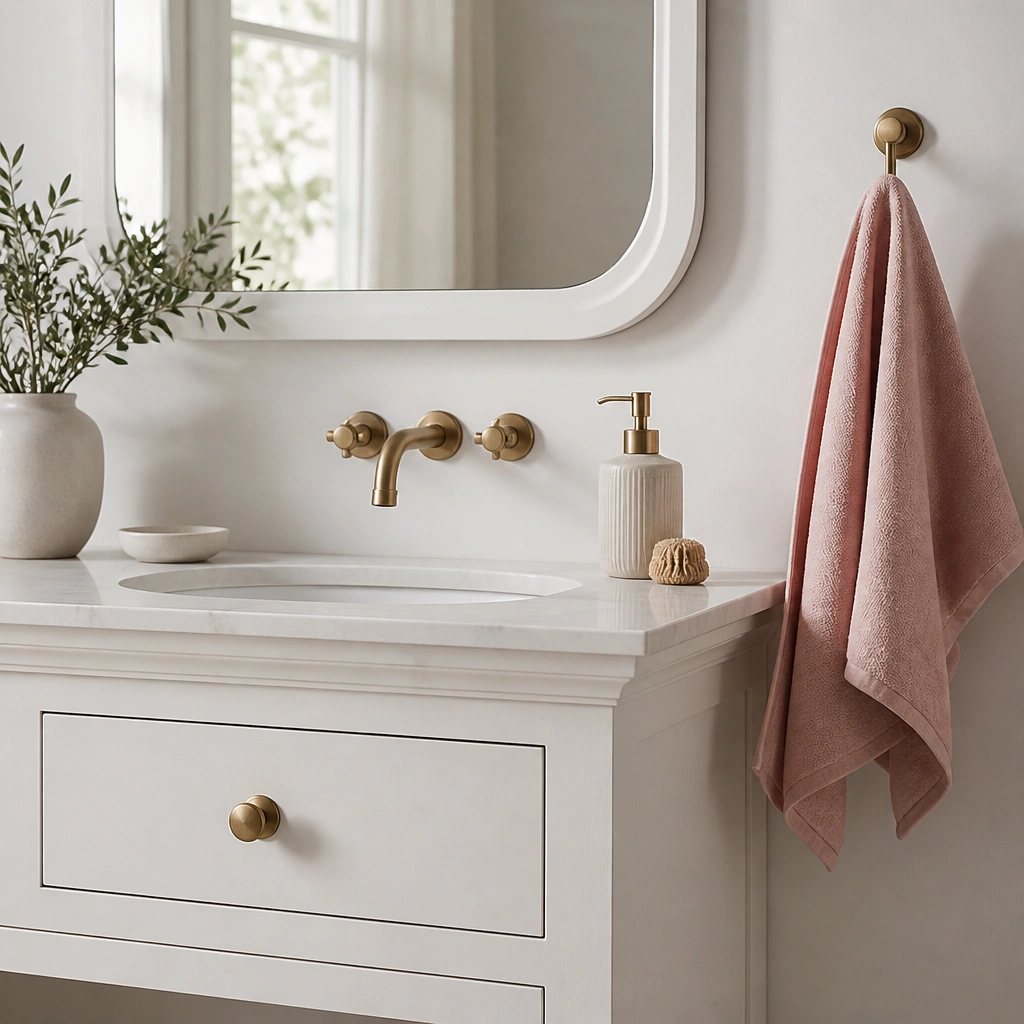 A vanity drawer with a warm brass knob and a pink hand towel hanging nearby; the sink and mirror remain white and neutral.