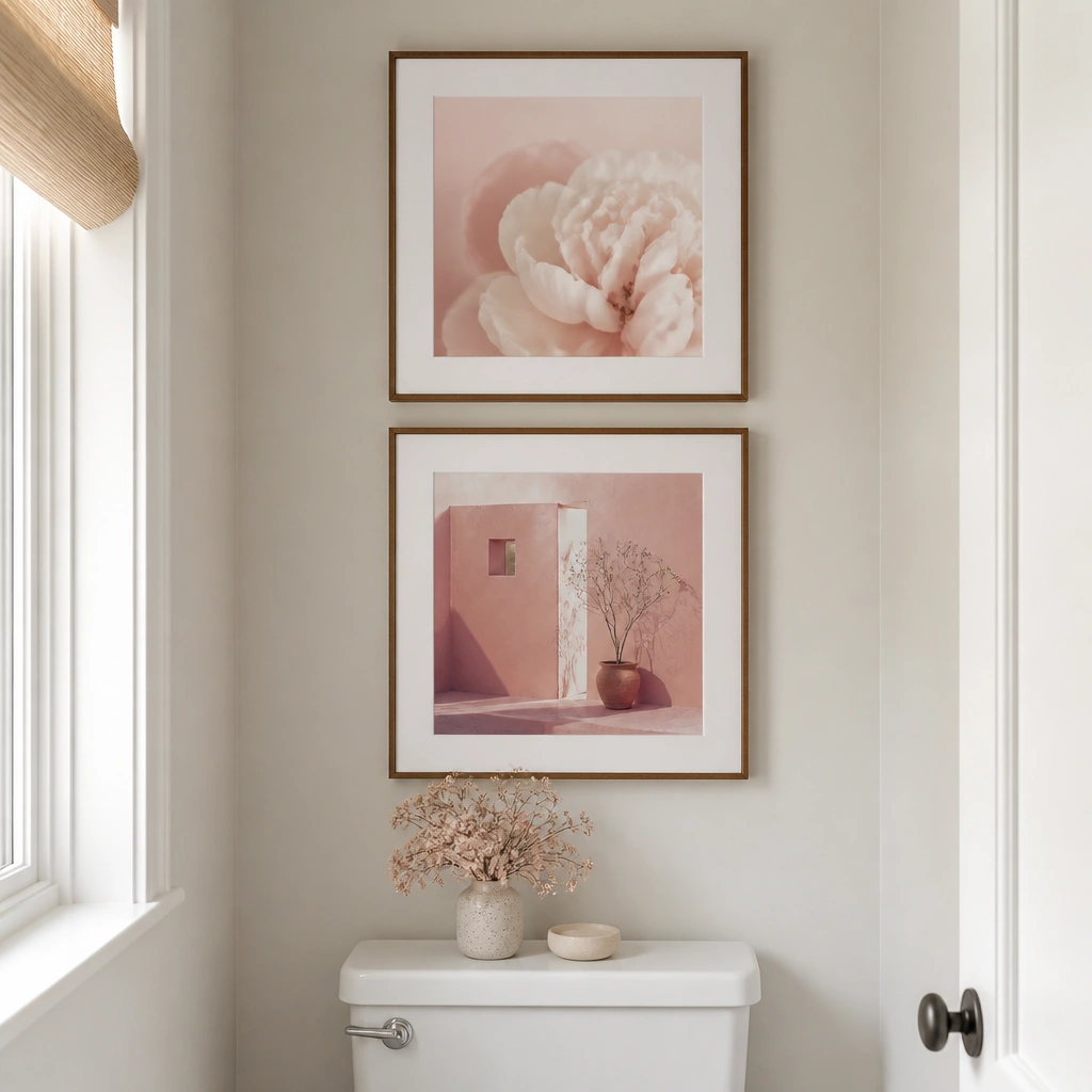 Two framed prints with blush and blush-pink tones arranged above a white toilet or small wall space; frames are thin black or warm wood.