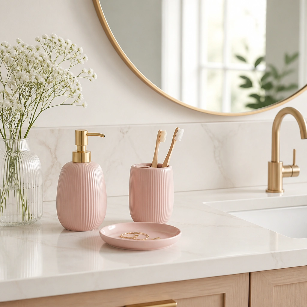 A countertop with a pink soap dispenser, a pink toothbrush holder, and a small tray; the sink is white and the mirror is clean and bright.