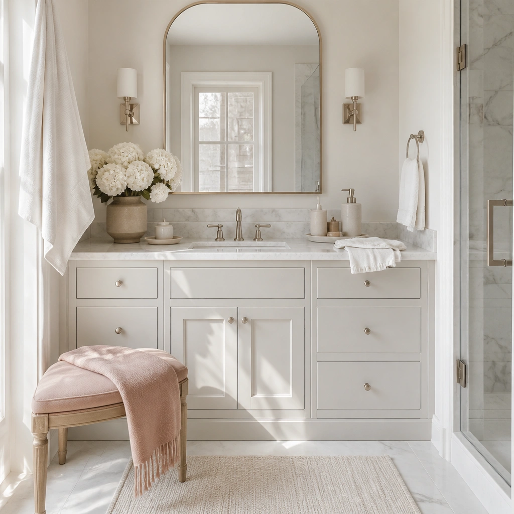 A small bench or stool near the vanity with a dusty pink cushion or throw; the surrounding towels and decor remain neutral white.