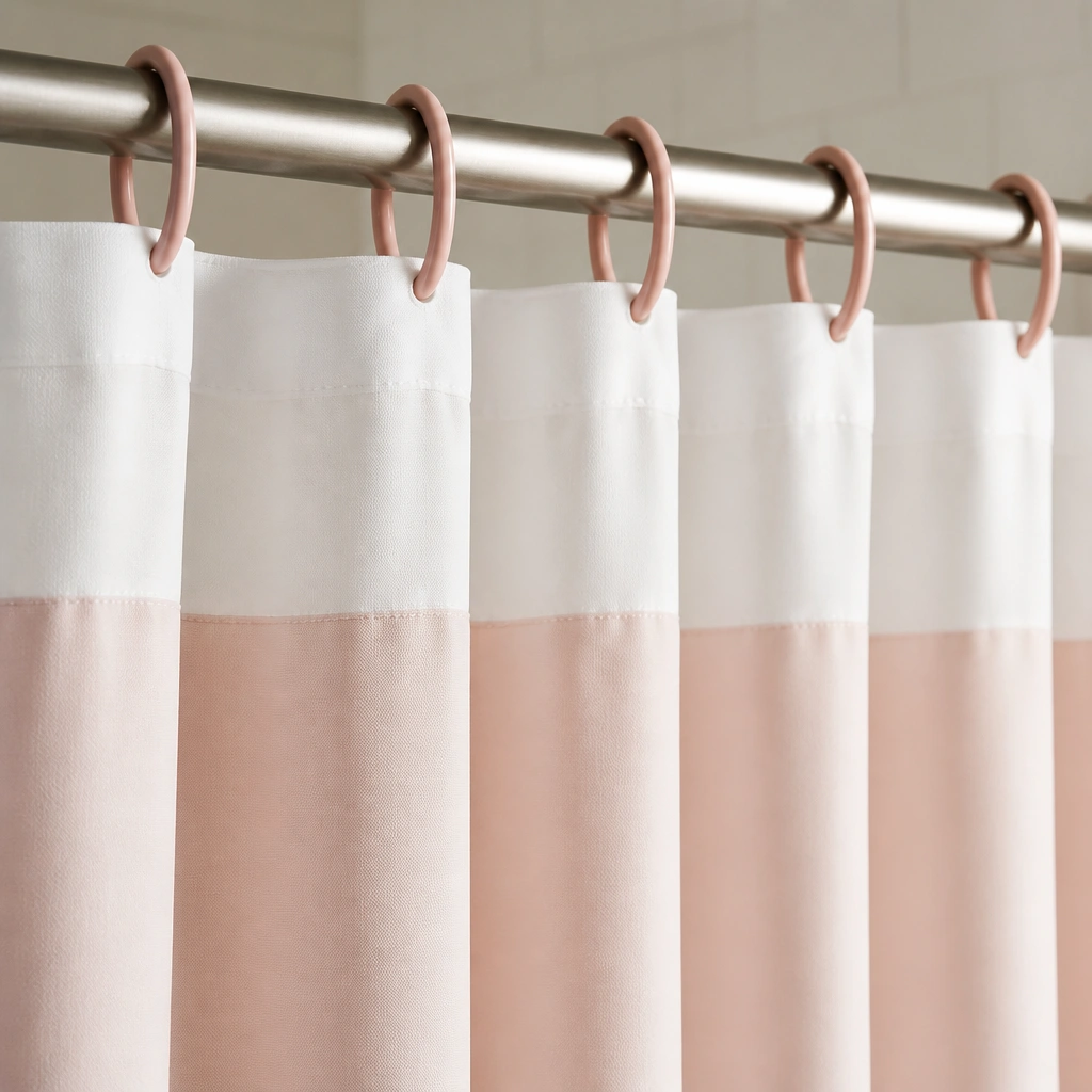 Close-up of a shower curtain with pink rings holding a white-and-blush shower curtain; the rod is brushed metal and the curtain hangs evenly.