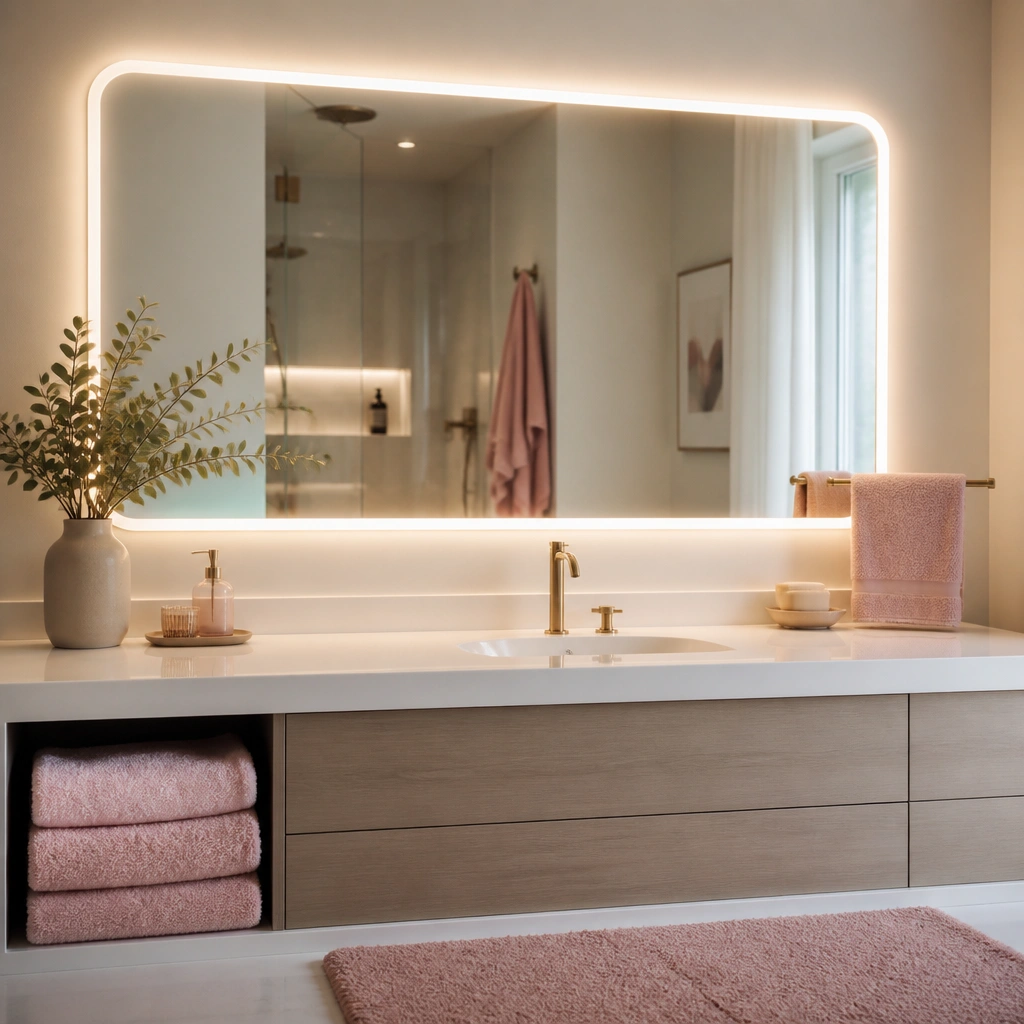 A vanity mirror with warm LED lighting around the edges reflecting on a clean sink; pink towels and a blush mat are visible in the frame.