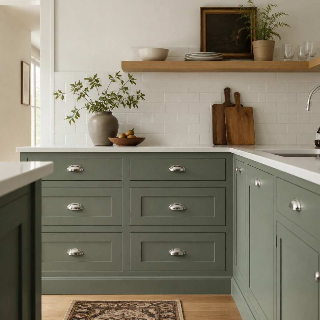 Kitchen cabinet doors painted dusty sage green with a flat/matte finish, paired with warm white walls and a simple white subway tile backsplash; chrome pulls and a light wood floating shelf are visible.